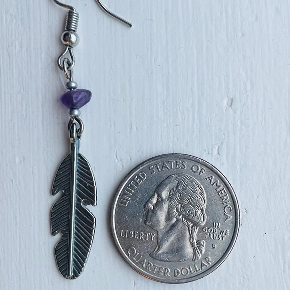 Boho Silver Feather and Amethyst Hook Earrings - Picture 2 of 2